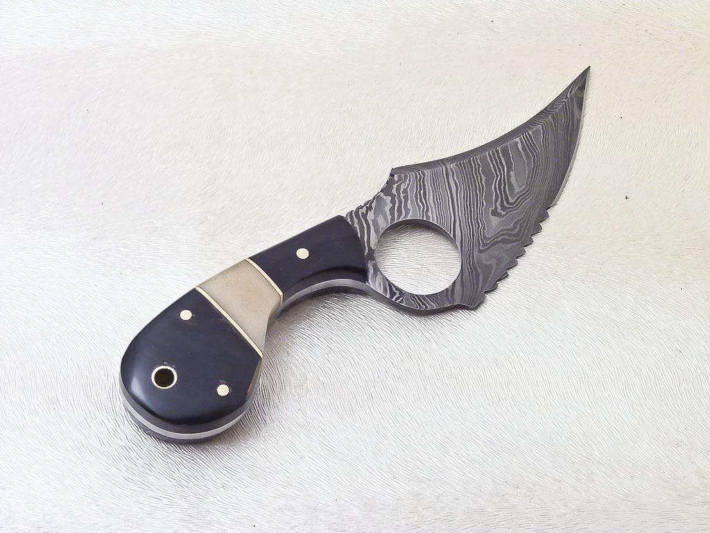 Custom Handmade Damascus Skinner Knife with Bull Horn and Camel Bone Handle