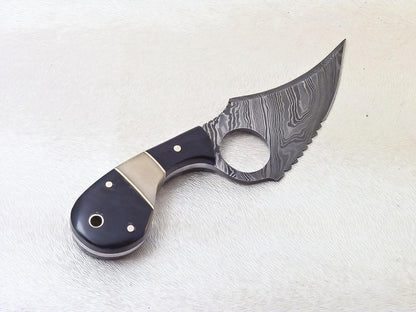 Custom Handmade Damascus Skinner Knife with Bull Horn and Camel Bone Handle