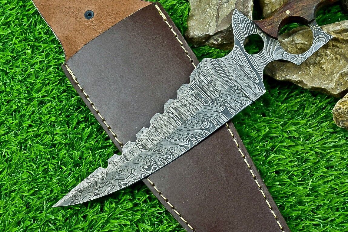 Heritage Forge 12.5 Inch Damascus Steel Hunting Bowie Knife with Camel Bone and Wood Handle