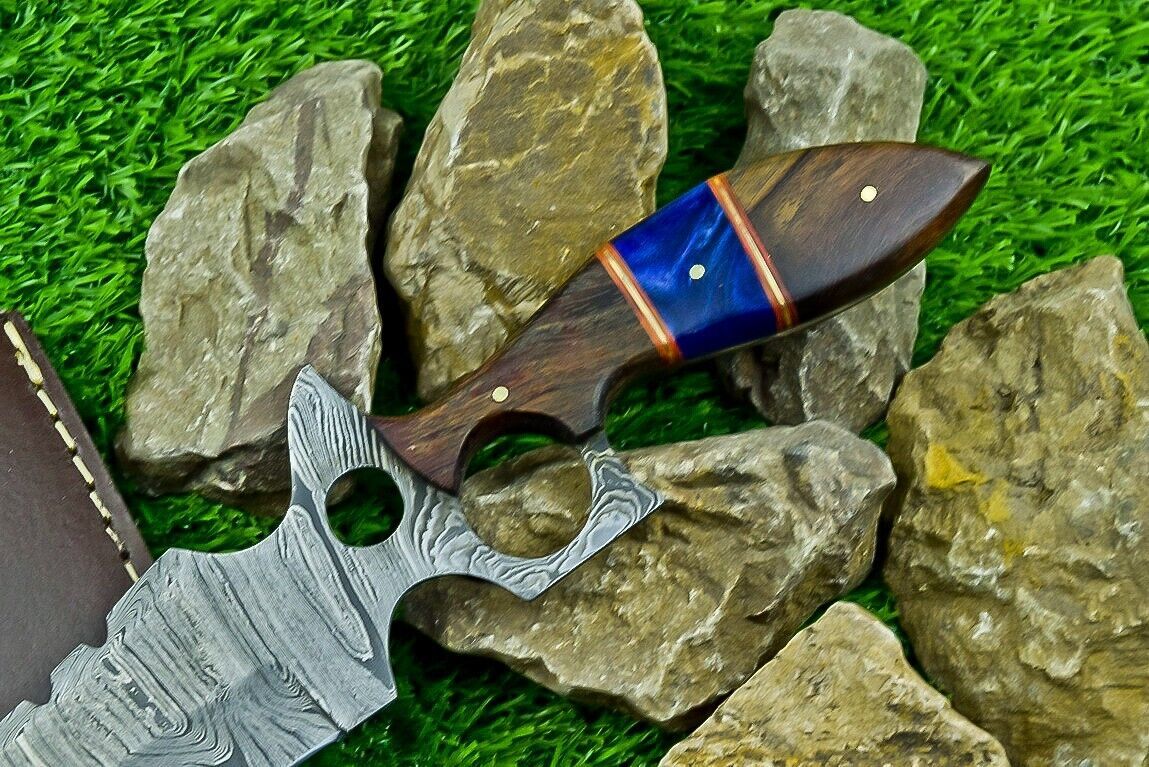 Heritage Forge 12.5 Inch Damascus Steel Hunting Bowie Knife with Camel Bone and Wood Handle