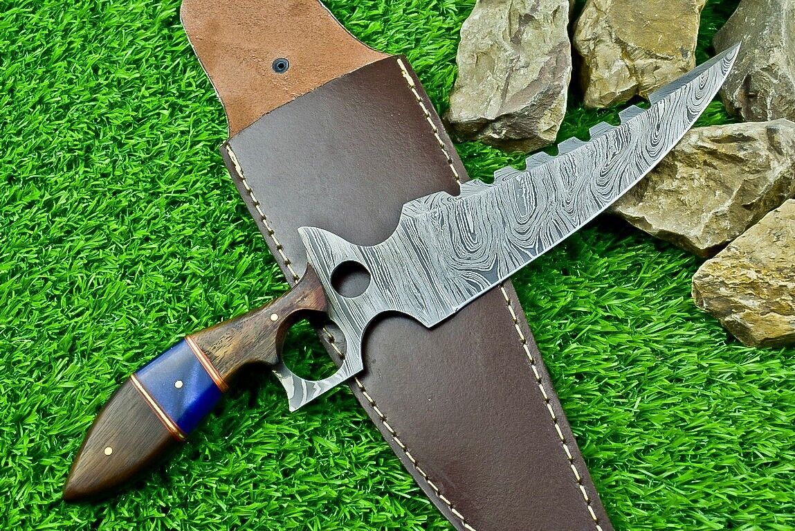 Heritage Forge 12.5 Inch Damascus Steel Hunting Bowie Knife with Camel Bone and Wood Handle
