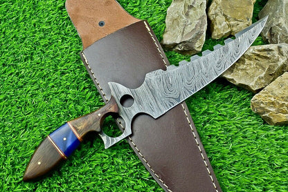 Heritage Forge 12.5 Inch Damascus Steel Hunting Bowie Knife with Camel Bone and Wood Handle