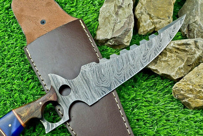 Heritage Forge 12.5 Inch Damascus Steel Hunting Bowie Knife with Camel Bone and Wood Handle