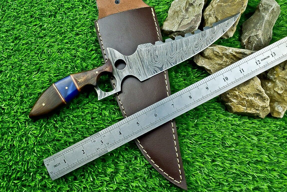 Heritage Forge 12.5 Inch Damascus Steel Hunting Bowie Knife with Camel Bone and Wood Handle