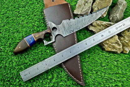 Heritage Forge 12.5 Inch Damascus Steel Hunting Bowie Knife with Camel Bone and Wood Handle
