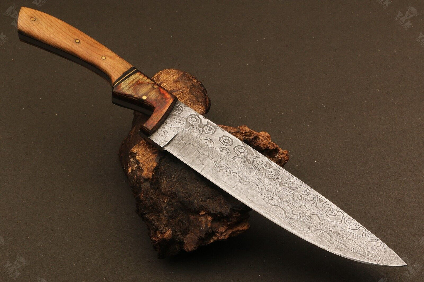 12" Custom Hand Forged Raindrop Damascus Steel Santoku Chef Knife – Camel Bone & Wood Handle