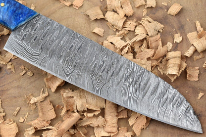 Custom Handmade Forged Damascus Steel Kitchen Chef Knife – Blue Resin Handle