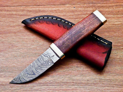 7.5” Compact Damascus Bowie Knife | Natural Wood Handle