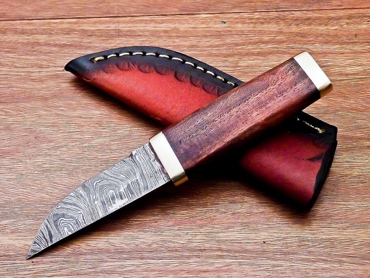7.5” Compact Damascus Bowie Knife | Natural Wood Handle