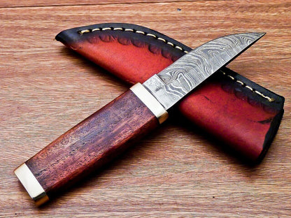 7.5” Compact Damascus Bowie Knife | Natural Wood Handle