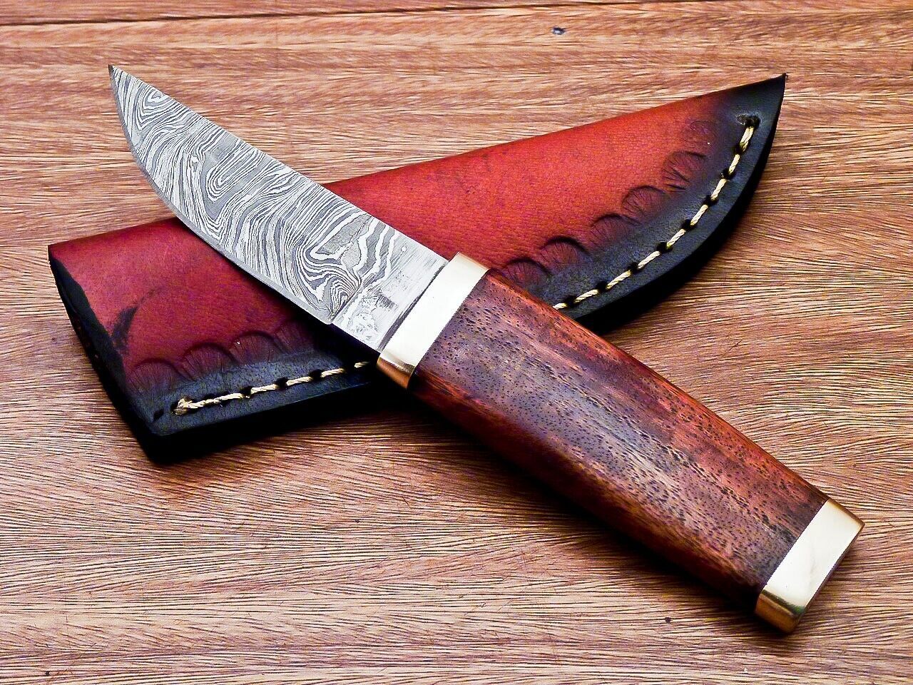 7.5” Compact Damascus Bowie Knife | Natural Wood Handle