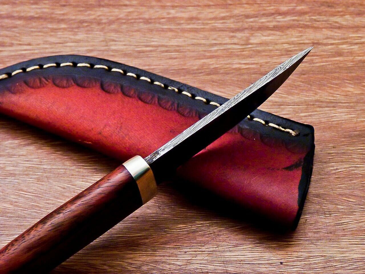 7.5” Compact Damascus Bowie Knife | Natural Wood Handle