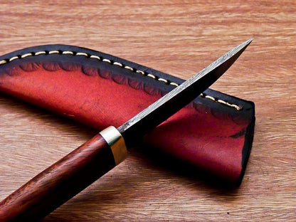 7.5” Compact Damascus Bowie Knife | Natural Wood Handle