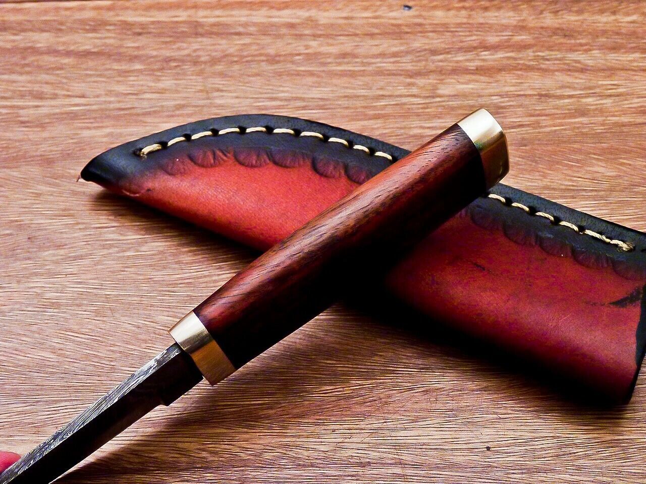 7.5” Compact Damascus Bowie Knife | Natural Wood Handle