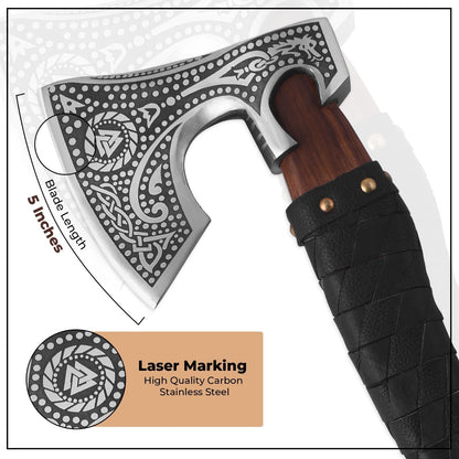 Viking Axe Hand Forged Carbon Steel Bearded Battle Axe with Rosewood Handle and Leather Sheath