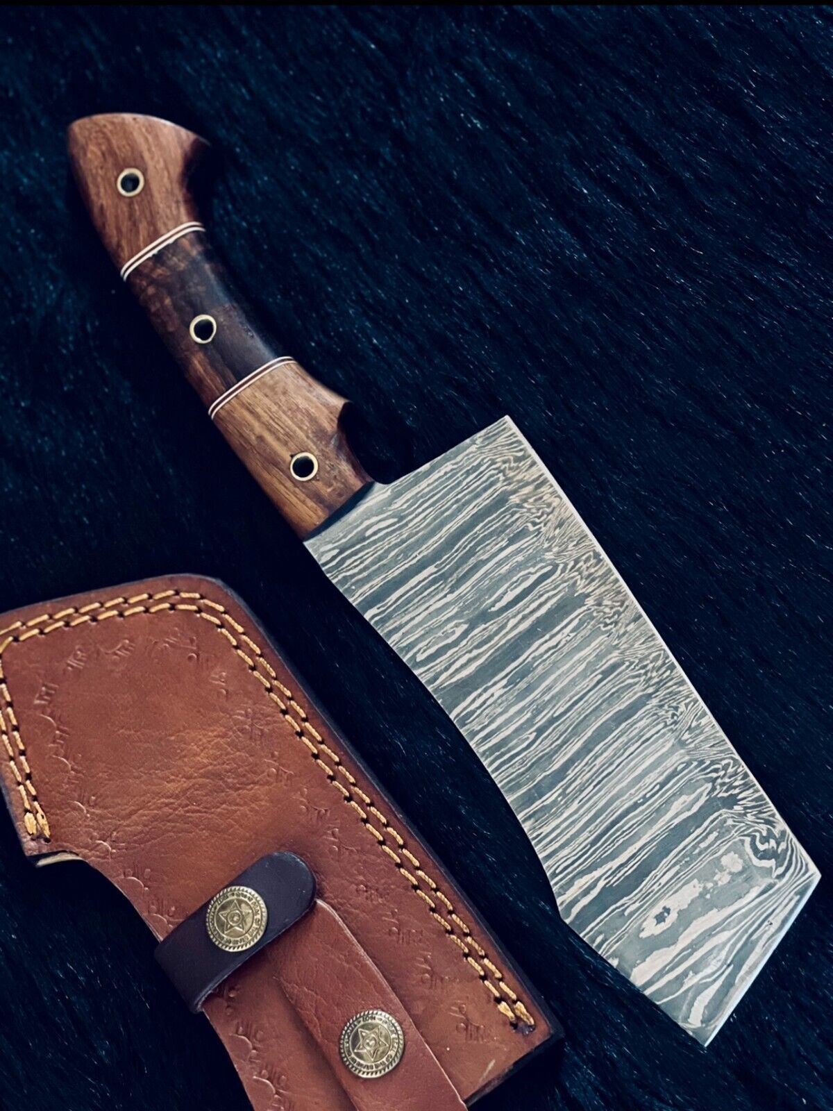 Heritage Forge 11 Inch Handmade Damascus Cleaver Knife with Camel Bone and Wood Handle