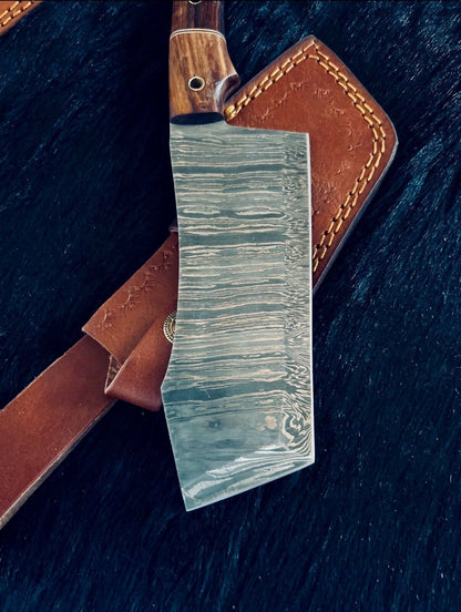 Heritage Forge 11 Inch Handmade Damascus Cleaver Knife with Camel Bone and Wood Handle