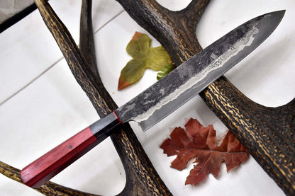 Custom Handmade Hammered San Mai Damascus Steel Chef Knife – Walnut Handle, 14.4" Ladder Pattern Blade