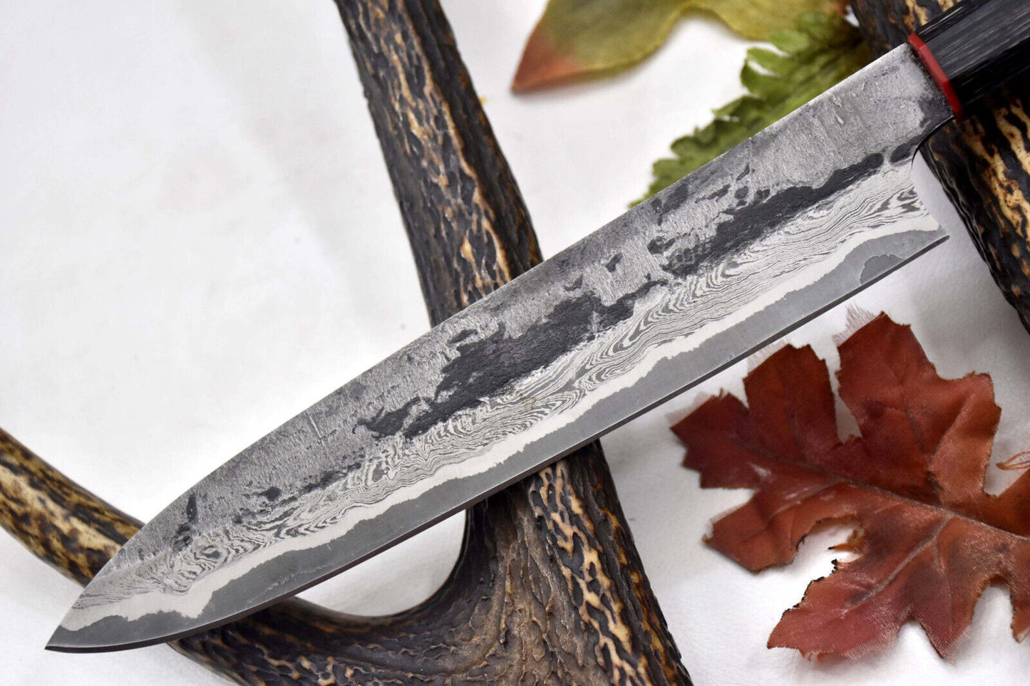 Custom Handmade Hammered San Mai Damascus Steel Chef Knife – Walnut Handle, 14.4" Ladder Pattern Blade