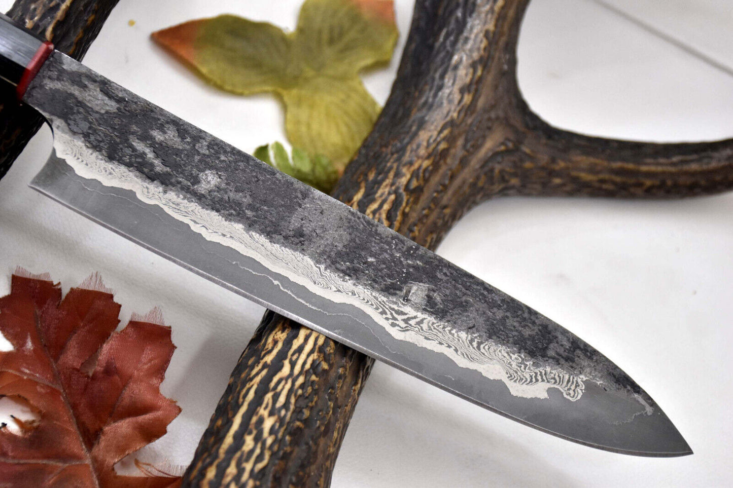 Custom Handmade Hammered San Mai Damascus Steel Chef Knife – Walnut Handle, 14.4" Ladder Pattern Blade
