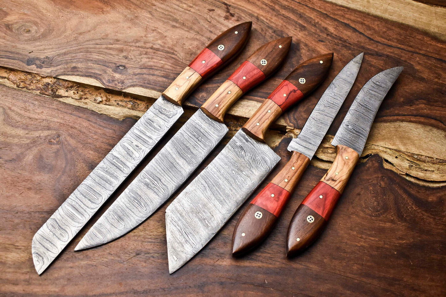 Lot of 5 Handmade Damascus Steel Chef Knives – 384 Layer Professional Kitchen Set
