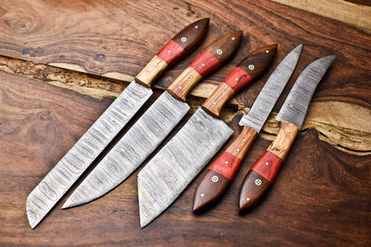 Lot of 5 Handmade Damascus Steel Chef Knives – 384 Layer Professional Kitchen Set