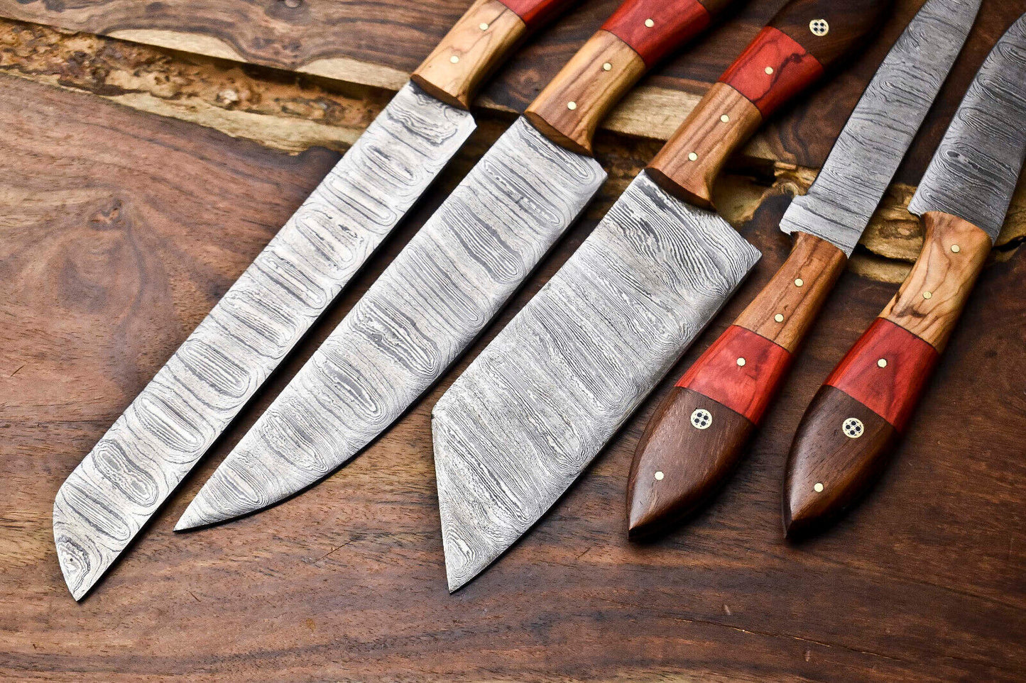 Lot of 5 Handmade Damascus Steel Chef Knives – 384 Layer Professional Kitchen Set