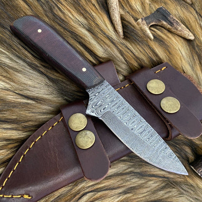 Twist Damascus Steel Skinner Knife Full Tang Cleaver Style with Wood Handle and Sheath