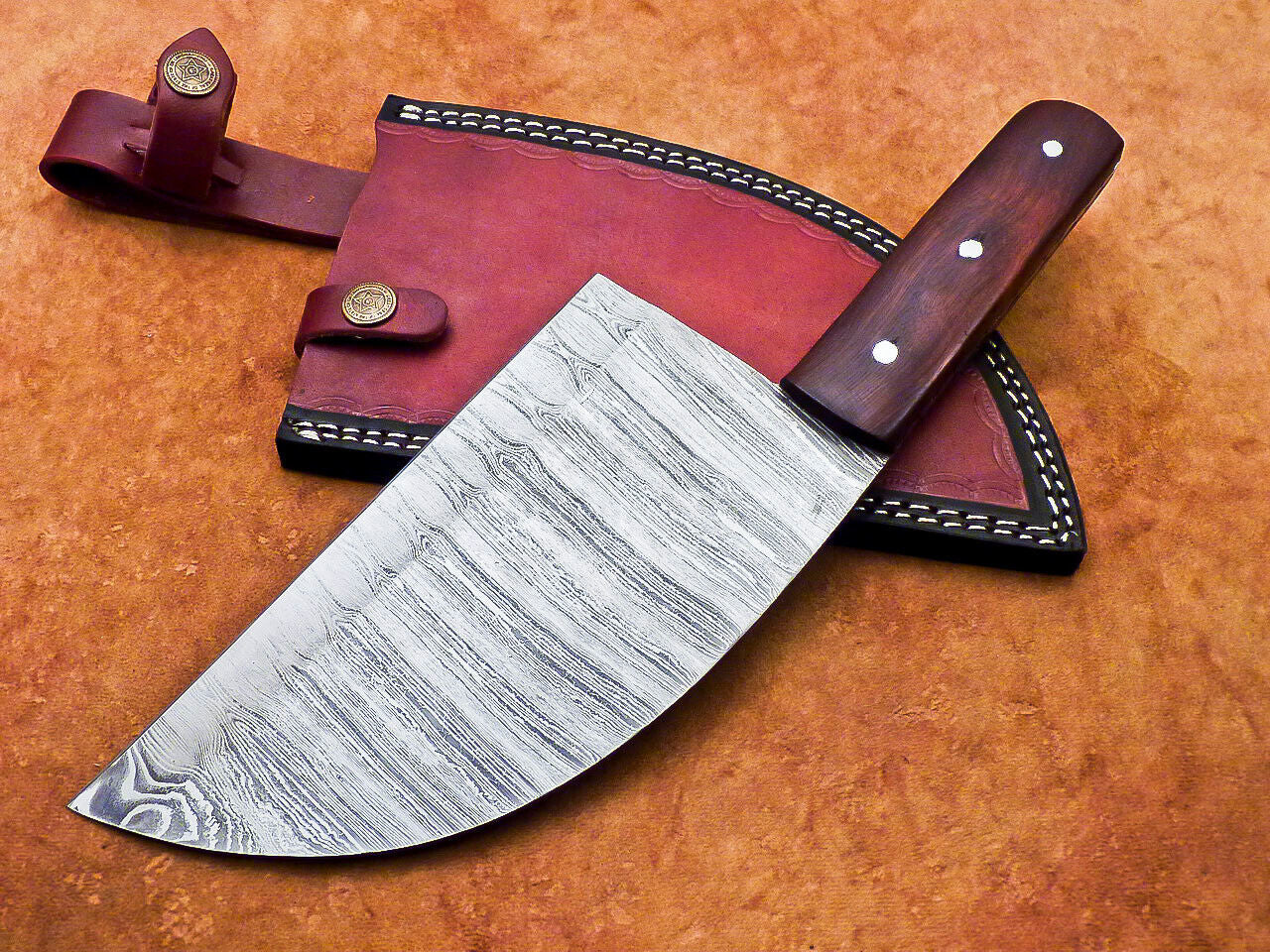 12" Professional Chef Chopper Knife Cleaver Damascus Blade Wood Handle with Leather Sheath