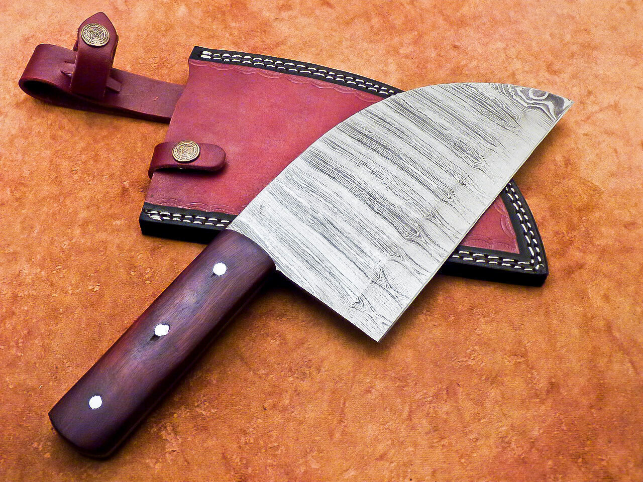 12" Professional Chef Chopper Knife Cleaver Damascus Blade Wood Handle with Leather Sheath
