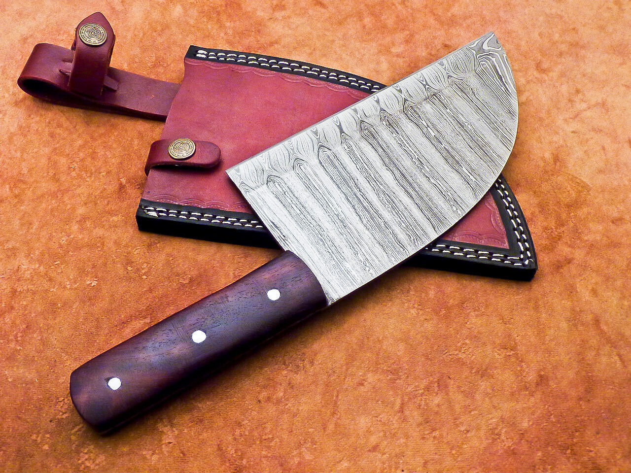 12" Professional Chef Chopper Knife Cleaver Damascus Blade Wood Handle with Leather Sheath