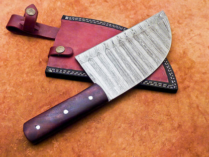 12" Professional Chef Chopper Knife Cleaver Damascus Blade Wood Handle with Leather Sheath