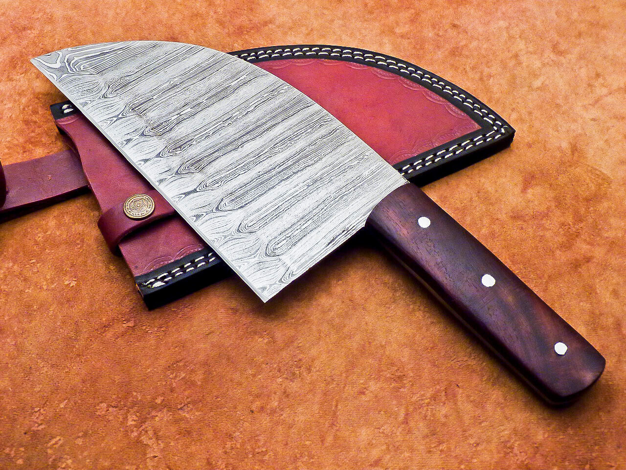 12" Professional Chef Chopper Knife Cleaver Damascus Blade Wood Handle with Leather Sheath