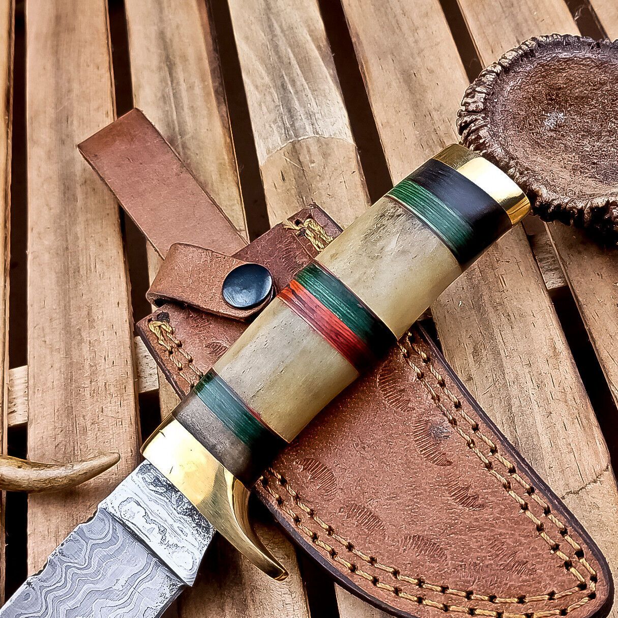 9" Damascus Bowie Knife – Camel Bone Handle with Brass Bolster & Leather Sheath