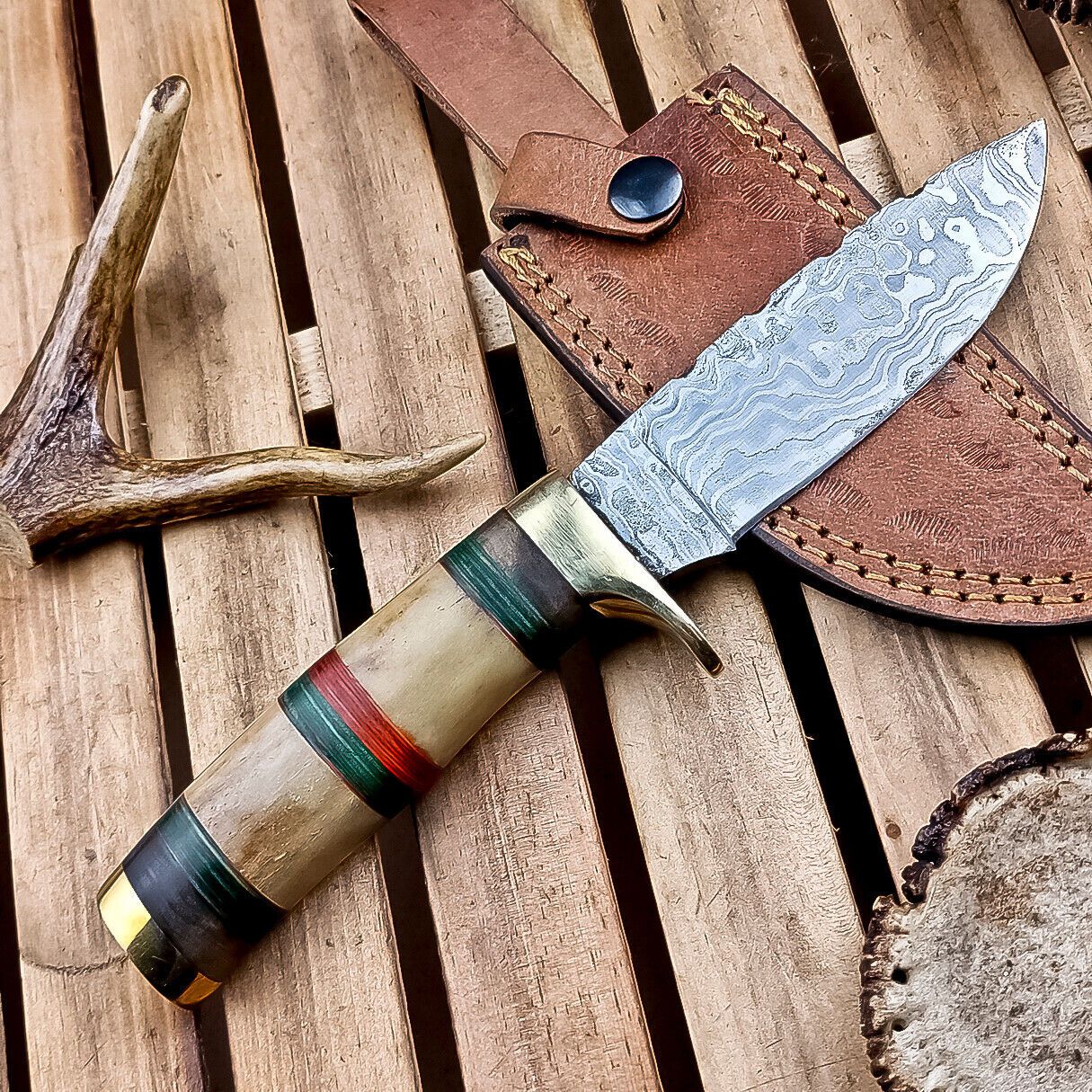 9" Damascus Bowie Knife – Camel Bone Handle with Brass Bolster & Leather Sheath