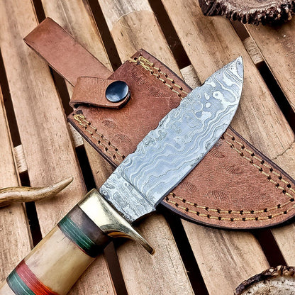 9" Damascus Bowie Knife – Camel Bone Handle with Brass Bolster & Leather Sheath