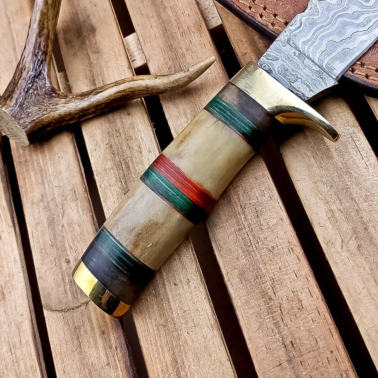 9" Damascus Bowie Knife – Camel Bone Handle with Brass Bolster & Leather Sheath