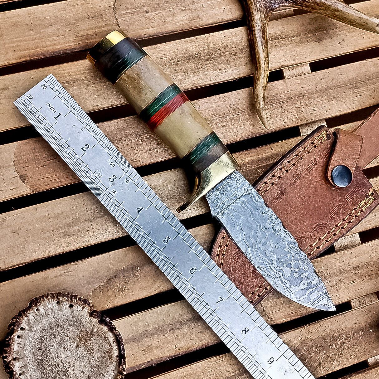 9" Damascus Bowie Knife – Camel Bone Handle with Brass Bolster & Leather Sheath