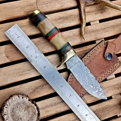 9" Damascus Bowie Knife – Camel Bone Handle with Brass Bolster & Leather Sheath