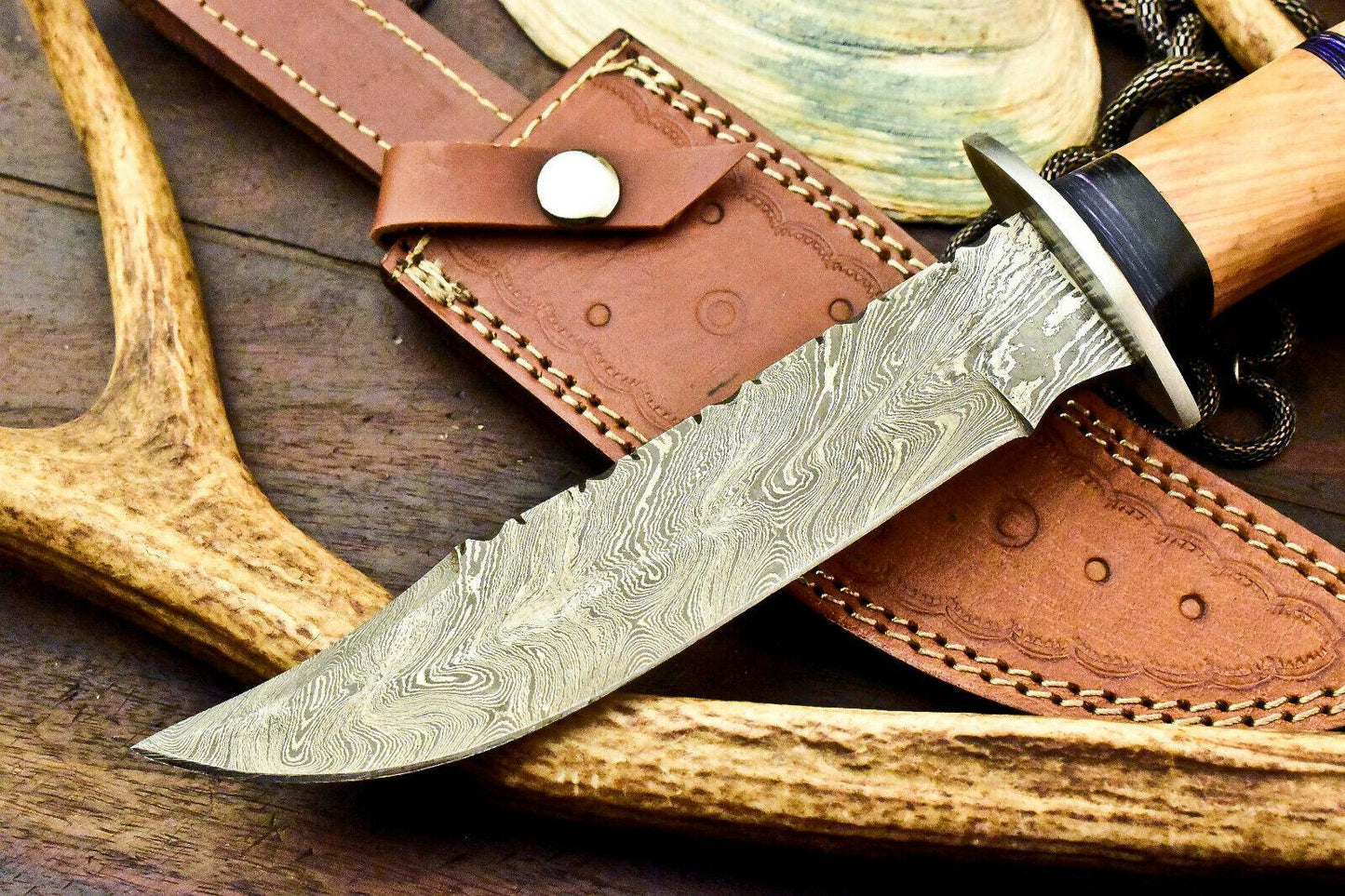 Handmade Damascus Bowie Knife | Walnut Wood Handle 13"