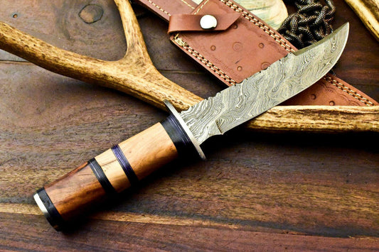 13.0" Handmade Damascus Bowie Knife Damascus Steel Knife with Walnut Wood Handle & Sheath