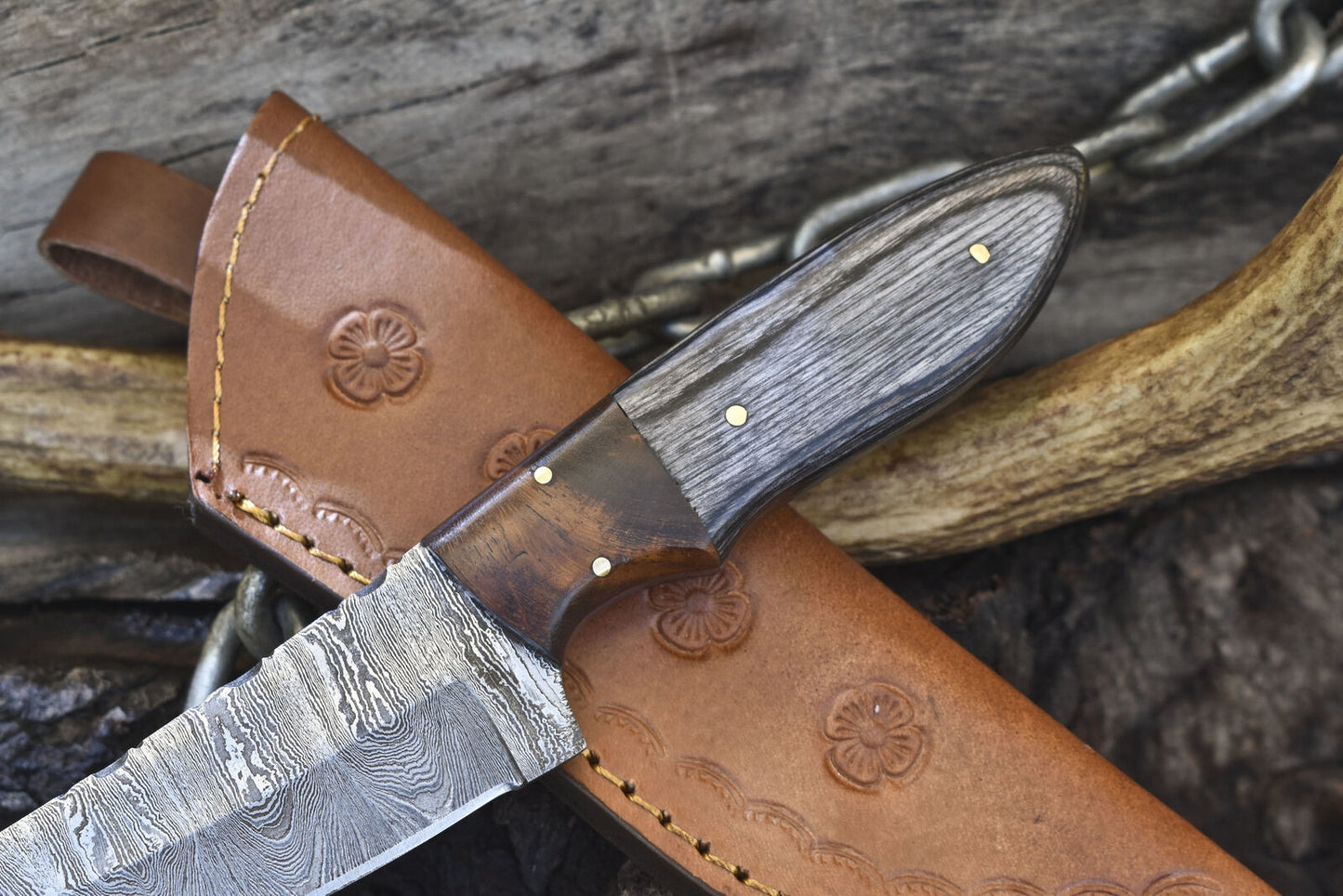 Custom Twist Damascus Skinner Knife with Hard Wood Handle and Wooden Bolster – 9 Inch Hunting Knife