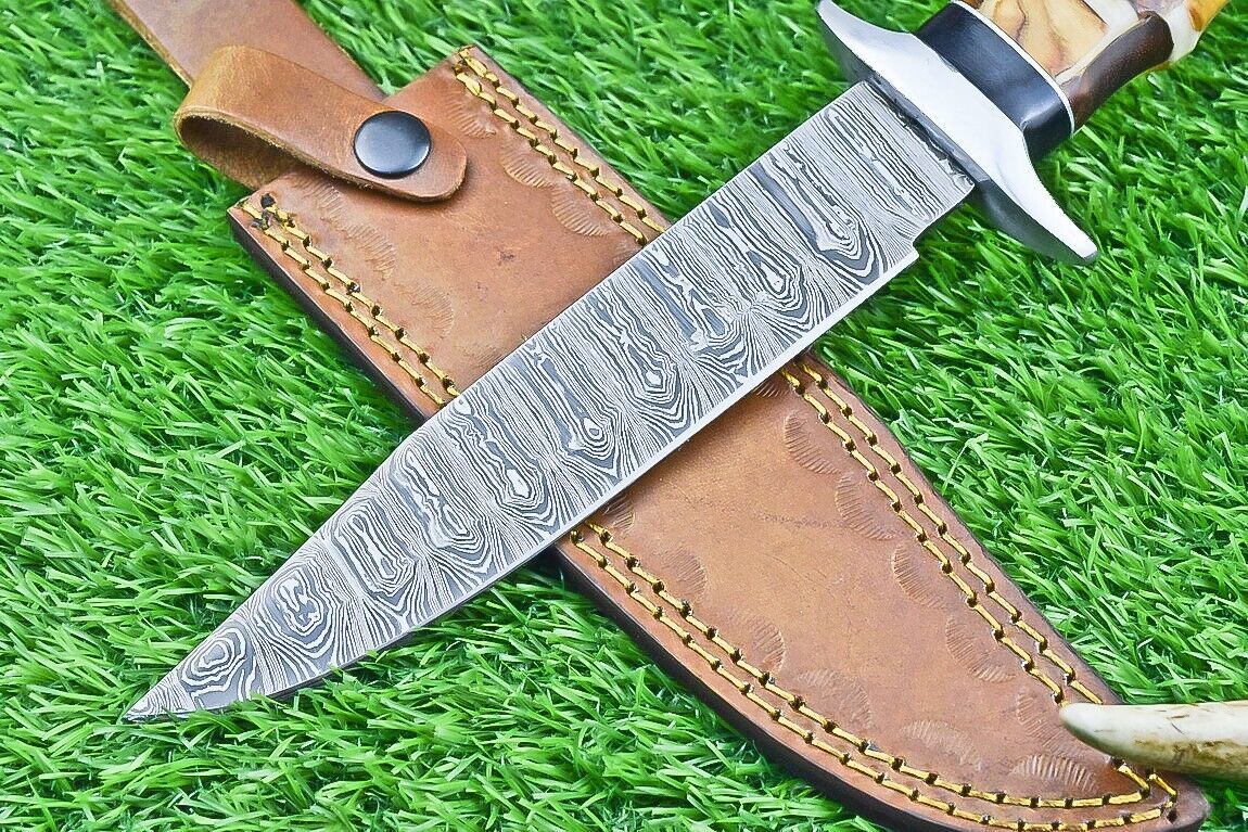 12 Inch Damascus Steel Bowie Knife with Resin and Natural Wood Handle
