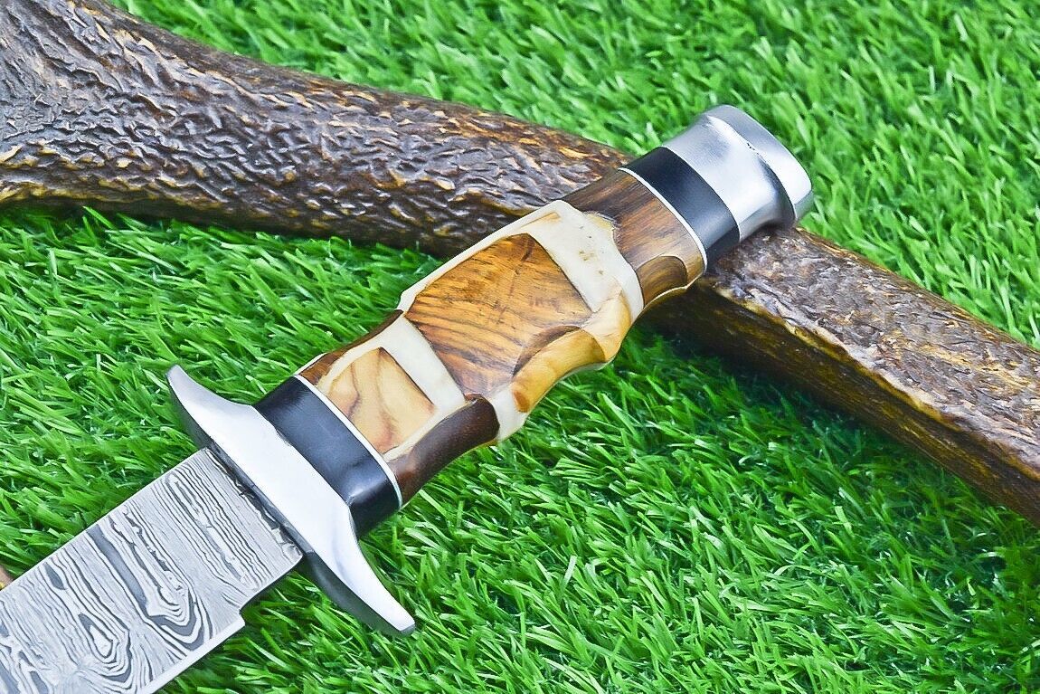 12 Inch Damascus Steel Bowie Knife with Resin and Natural Wood Handle