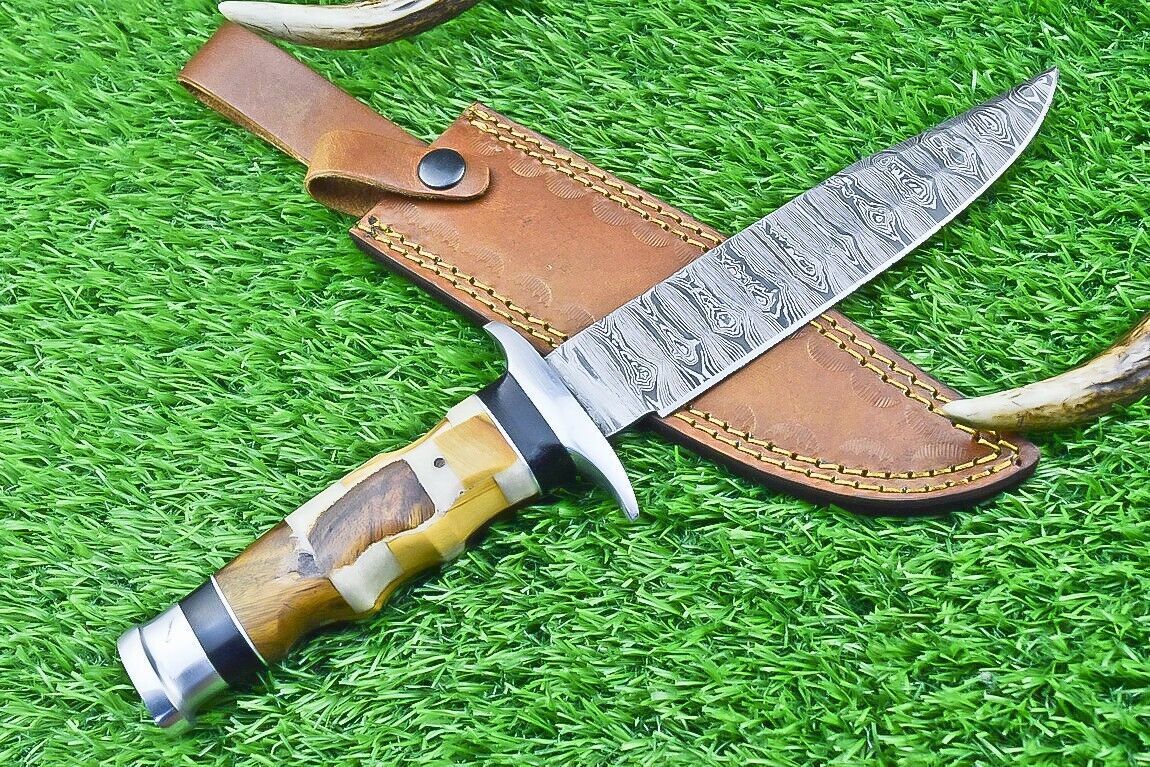12 Inch Damascus Steel Bowie Knife with Resin and Natural Wood Handle