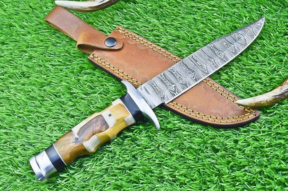 12 Inch Damascus Steel Bowie Knife with Resin and Natural Wood Handle