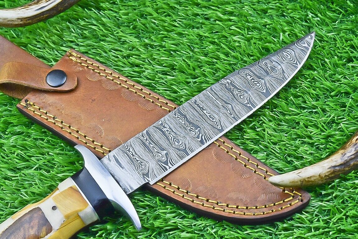 12 Inch Damascus Steel Bowie Knife with Resin and Natural Wood Handle