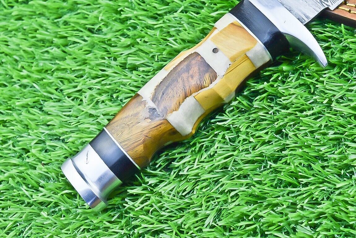 12 Inch Damascus Steel Bowie Knife with Resin and Natural Wood Handle
