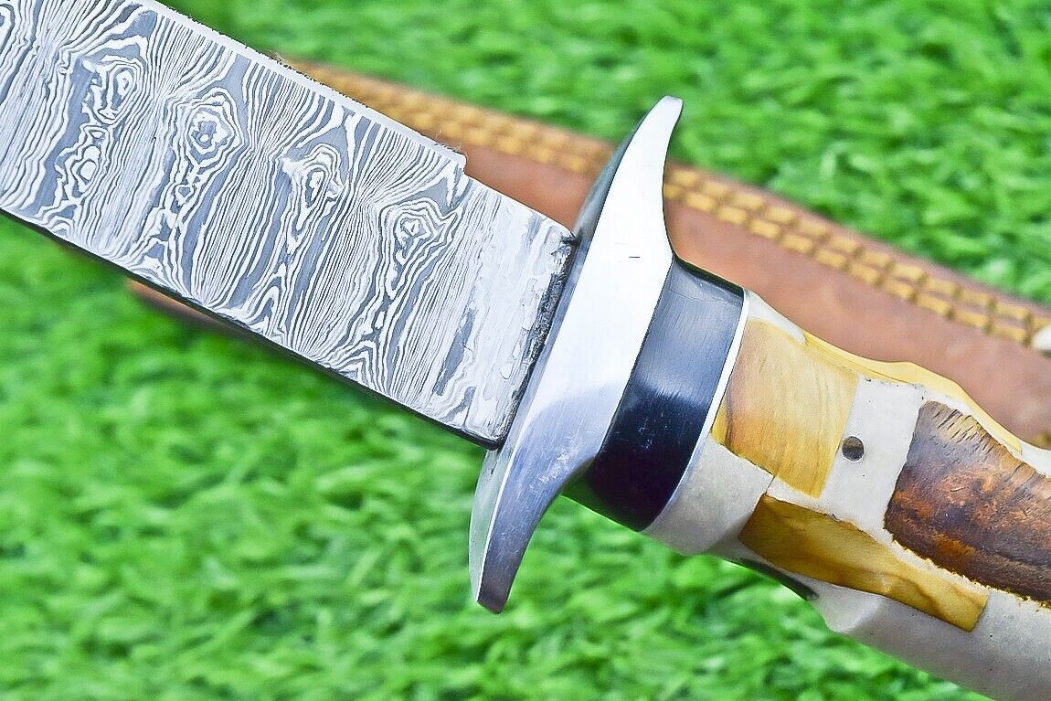 12 Inch Damascus Steel Bowie Knife with Resin and Natural Wood Handle