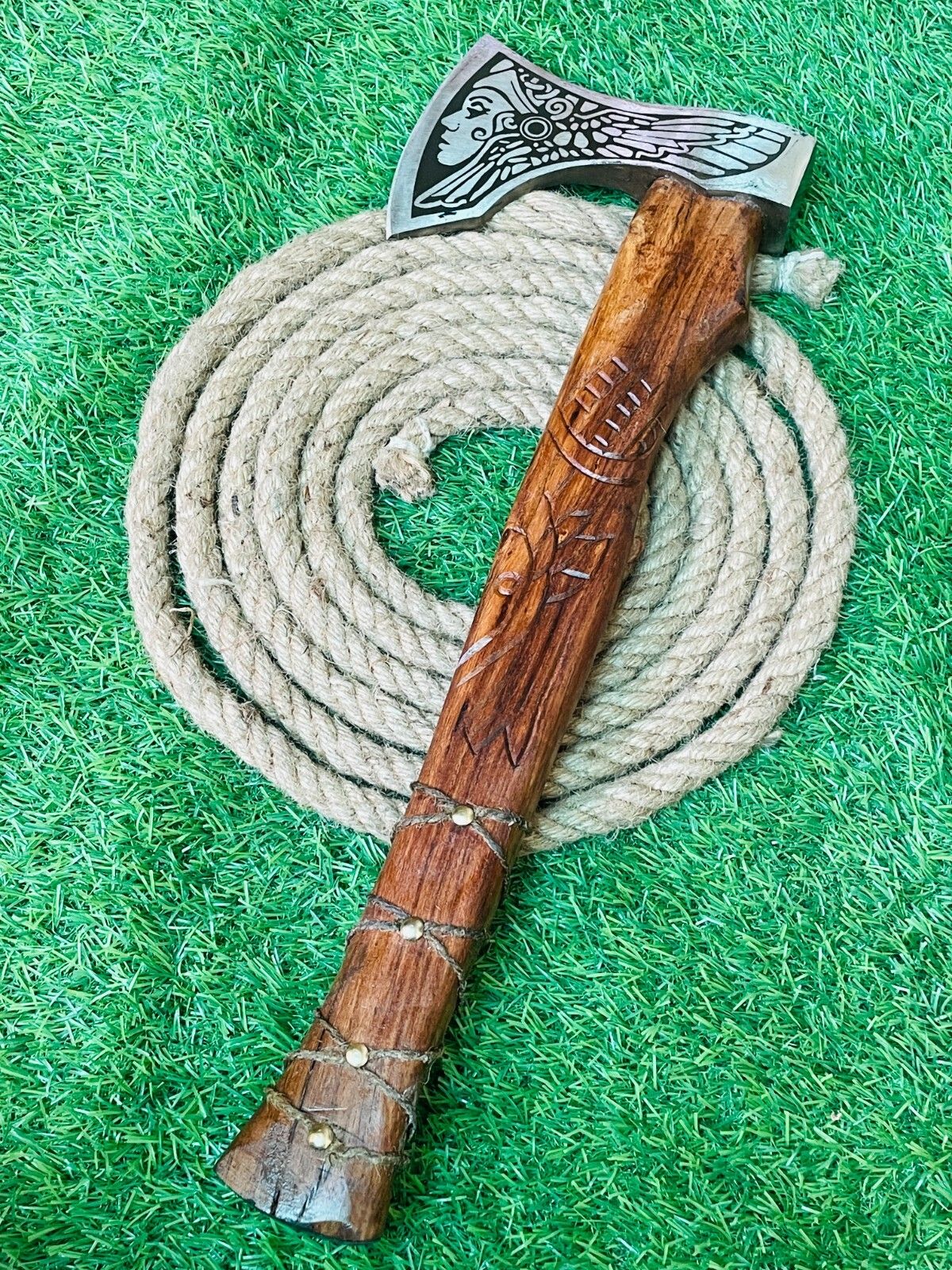 Handmade Forged Steel Viking Bearded Camping Axe with Wood Handle and Leather Sheath
